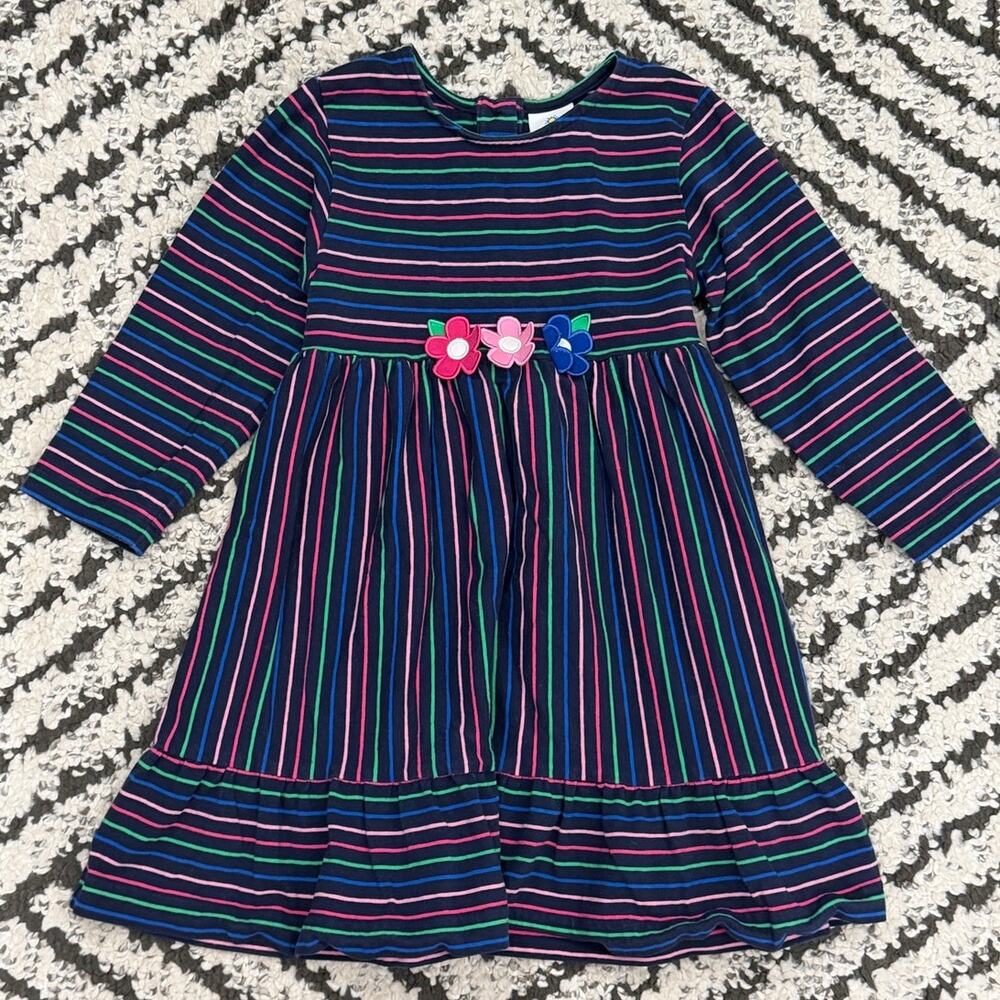 Florence Eiseman Girls Striped Floral Applique Dress Navy 4T